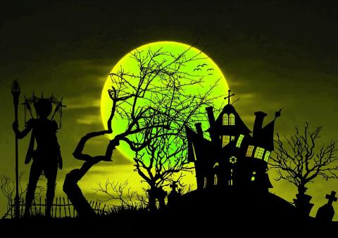 Spooky house illustration with bright green full moon in sky behind trees