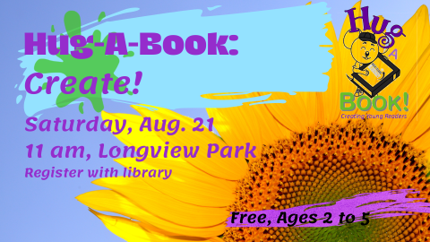 Late summer sunflower against blue background, Hug-A-Book logo and paint swashes 