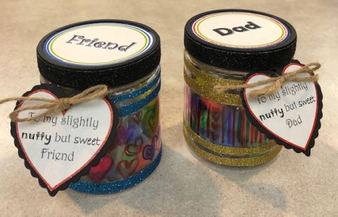 Decorate 8 oz jar with markers and glitter tape for Dad or a Friend with Peanut M&Ms inside