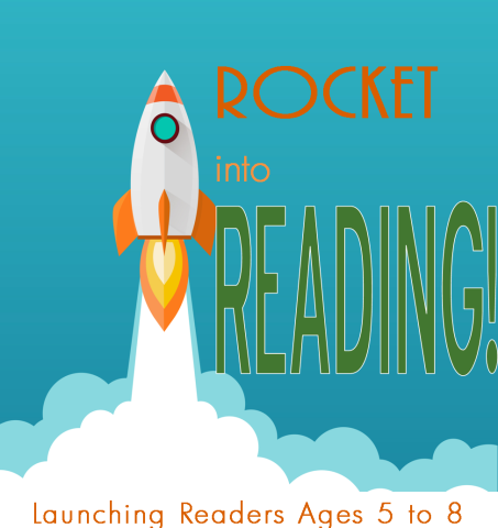 Rocket into Reading logo rocket taking off with words Rocket into Reading across blue background