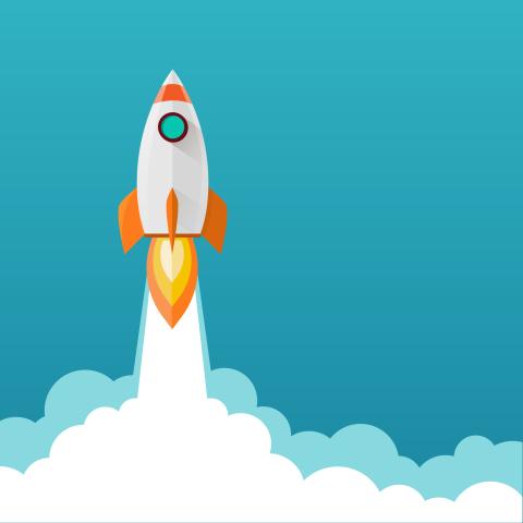 Rocket into Reading image. White and orange rocket against blue background with blast off clouds below