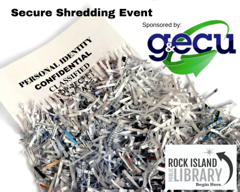 photo college showing shredded paper with GECU sponsor logo and library logo over image