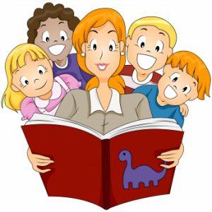 cartoon illustration of a woman with book surrounded by children listening to story 