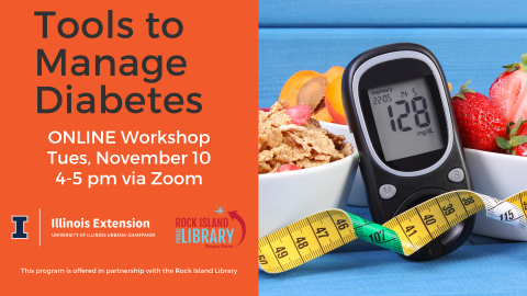 Tools to manage diabetes program. Picture of blood glucose monitor, measuring tape, healthy food