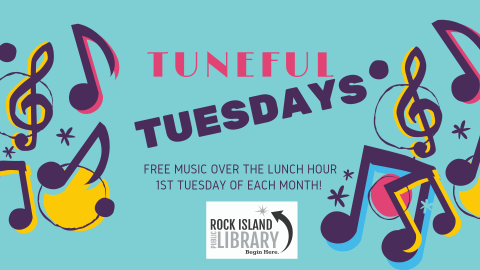 Tuneful Tuesdays illustration blue background colorful instruments and notes 