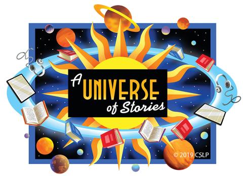 summer reading Universe of Stories illustration reading objects orbiting sun