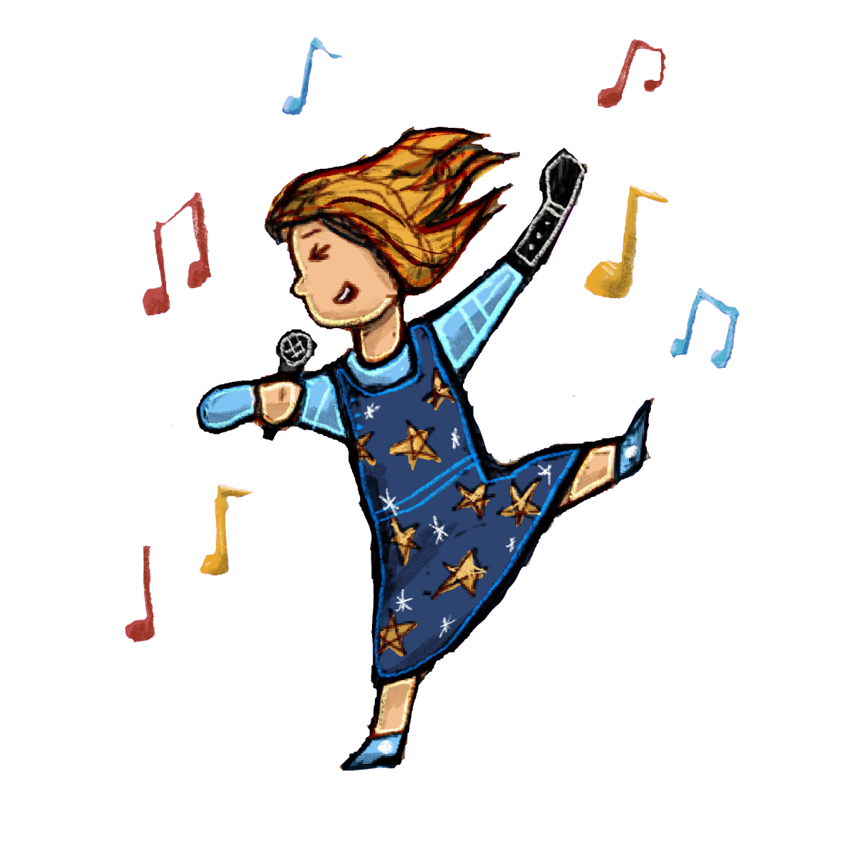Illustration of a girl with microphone singing and dancing musical notes around her