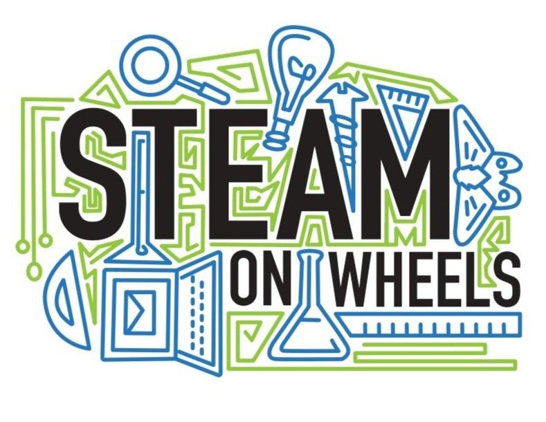 The STEAM on Wheels logo features black letters with a blue and green background with stylized images of lab equipment.