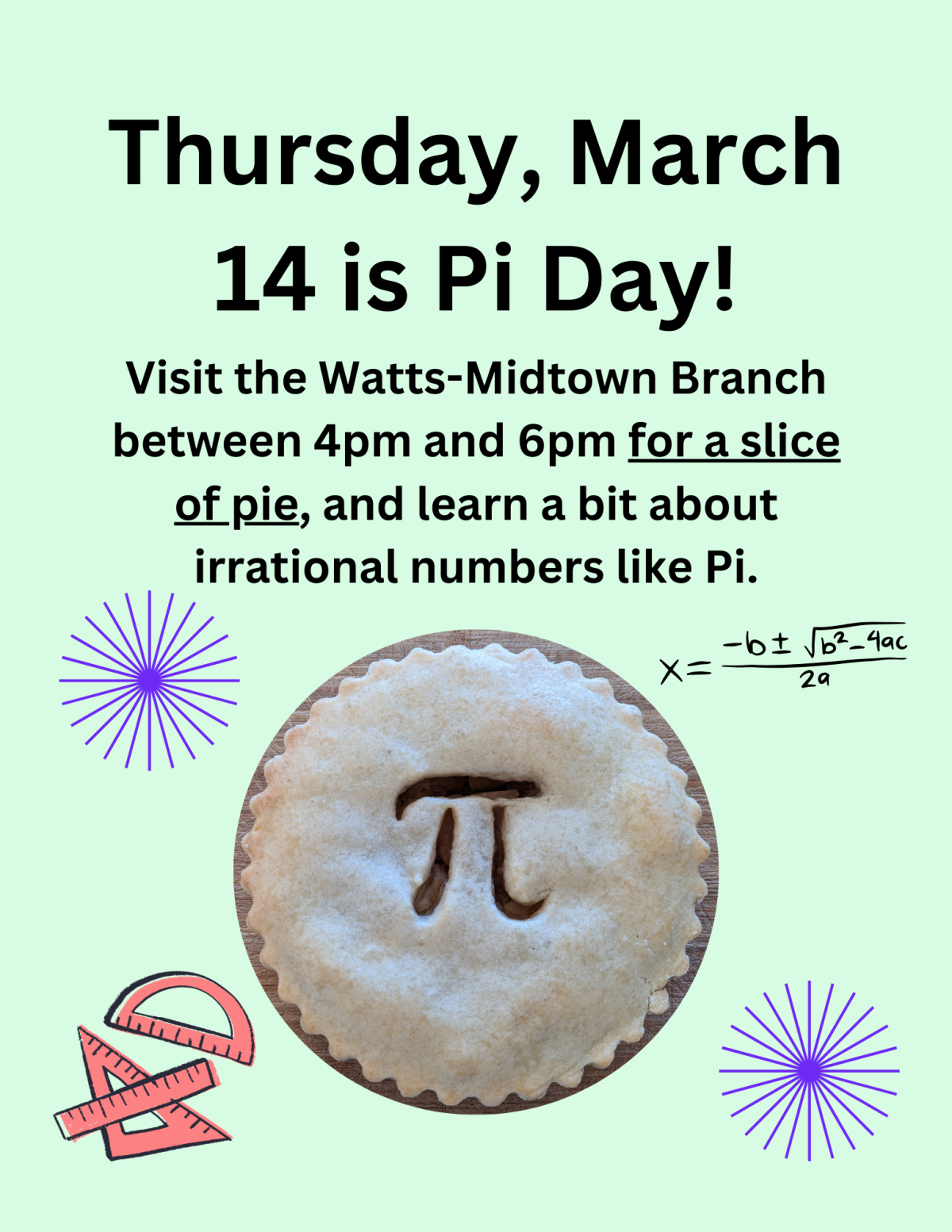 A pie with the pi symbol on it is surrounded by the quadratic formula, two blue shapes, and some red protractors, all on a light green background.