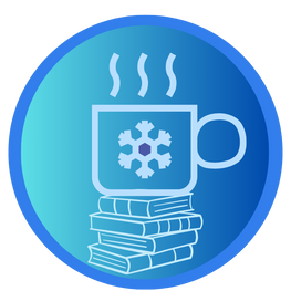 Line art of a hot mug on a stack of books, on a blue background