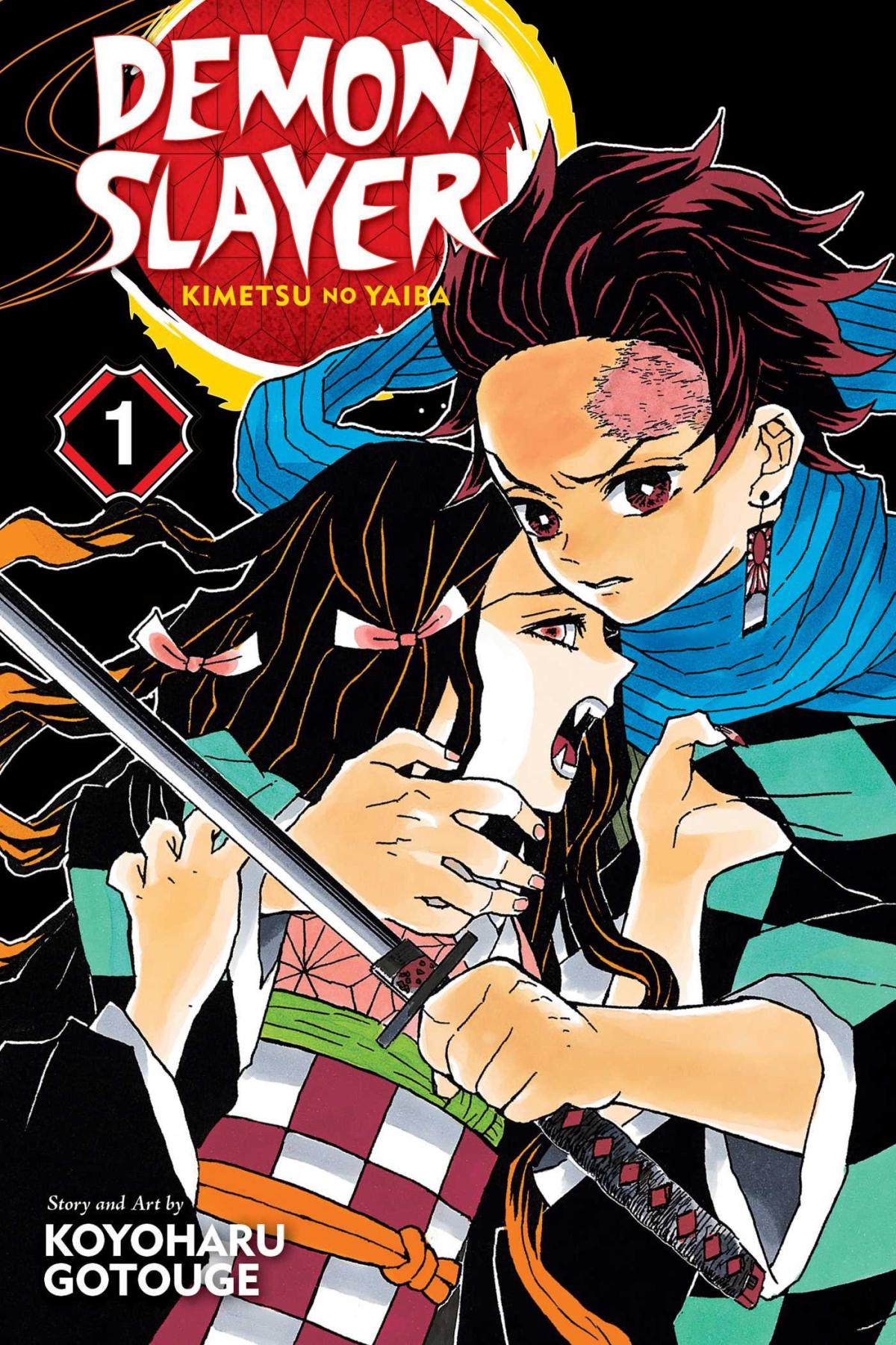 The cover of the graphic novel Demon Slayer: Kimetsu no Yaiba volume 1, featuring the two main characters on a black background.