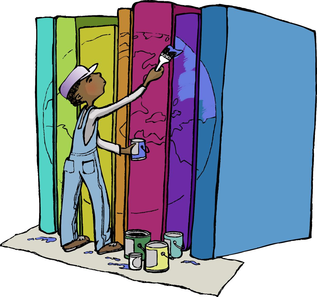 Illustration of person painting a world onto the spines of books 