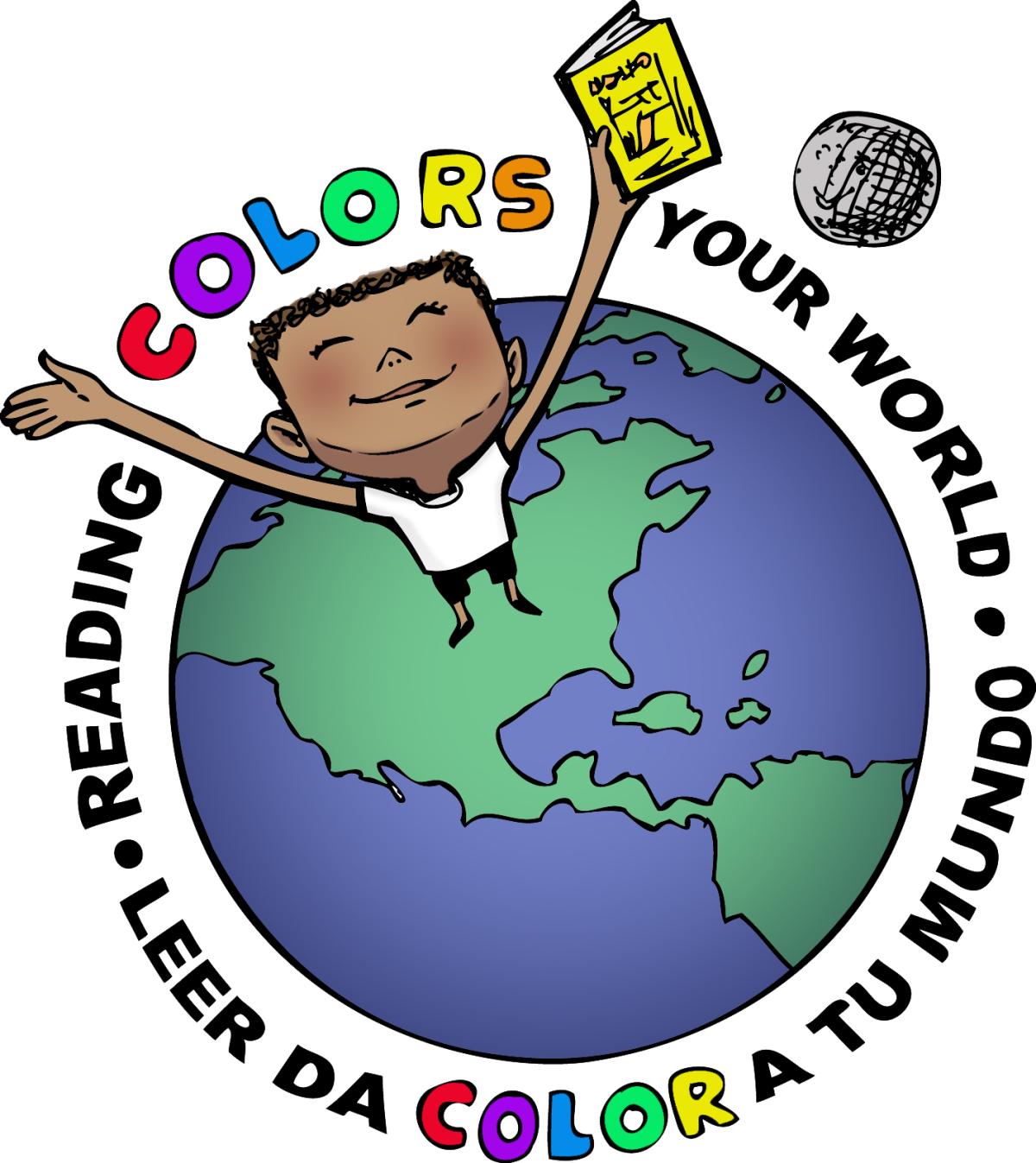 Reading colors your world globe with slogan in English and Spanish 
