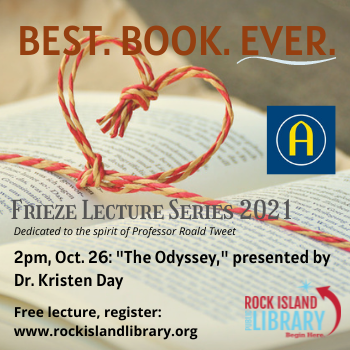 Open book with heart tied over it, features the Oct. 26 presentation The Odyssey by Homer,