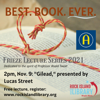 Open book with heart tied over it, features the November 9 Gilead presentation 