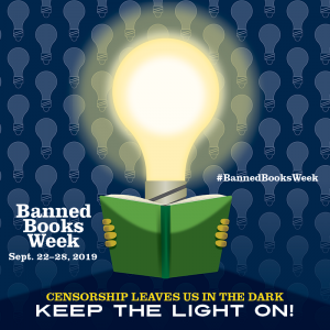Banned Books Week 2019 image light bulb reading book Keep the Light On 