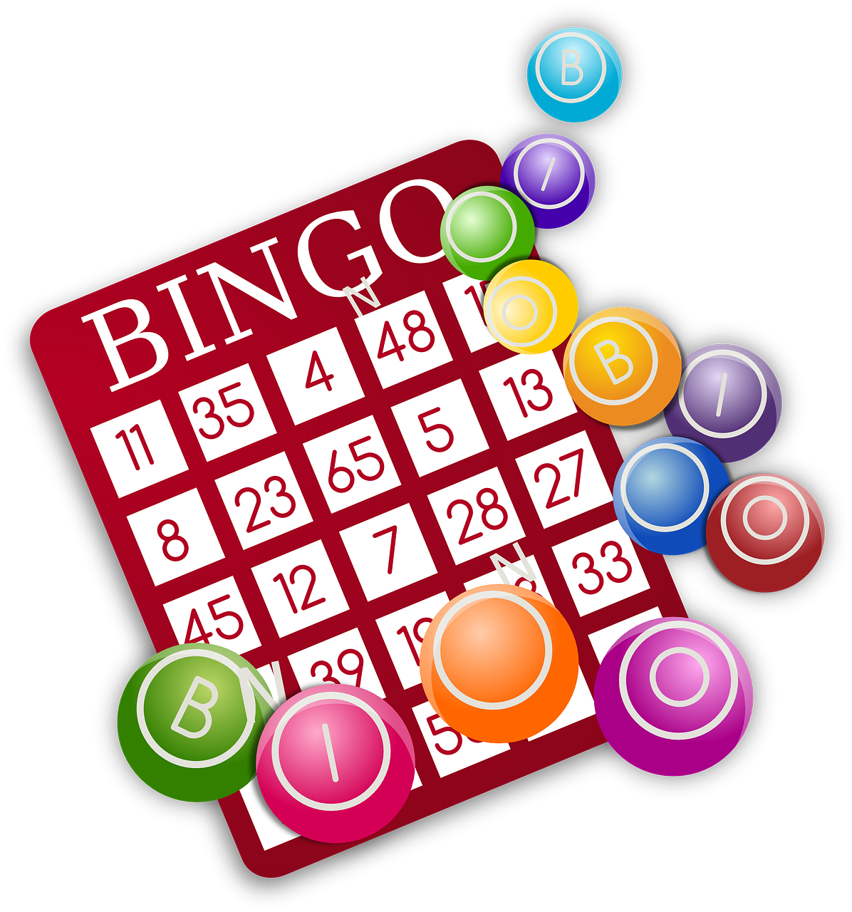 Colorful illustration of bingo card with BINGO counters scattered on card. 