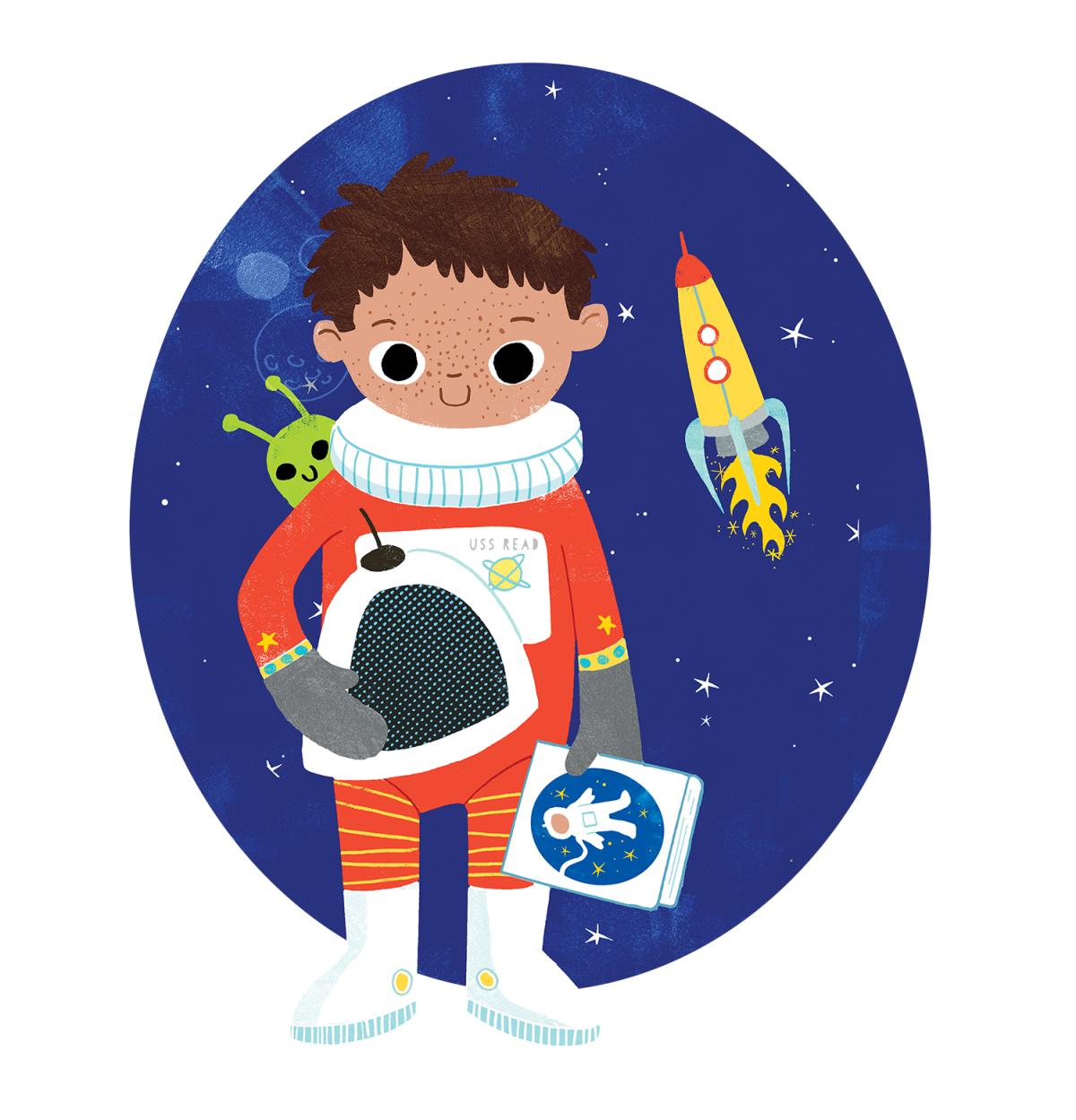Illustration Child standing in spacesuit with helmet in hand rocket blasting off behind 