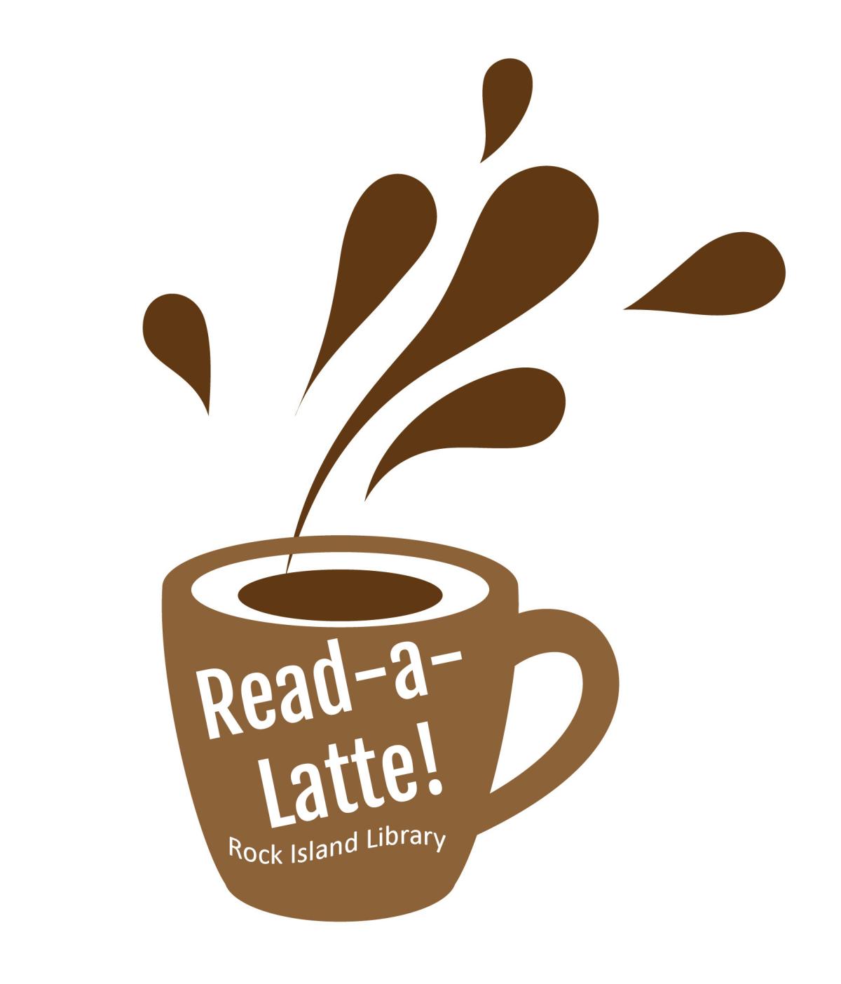 Read-A-Latte logo, a Coffee or Cocoa cup with liquid splashing from top 