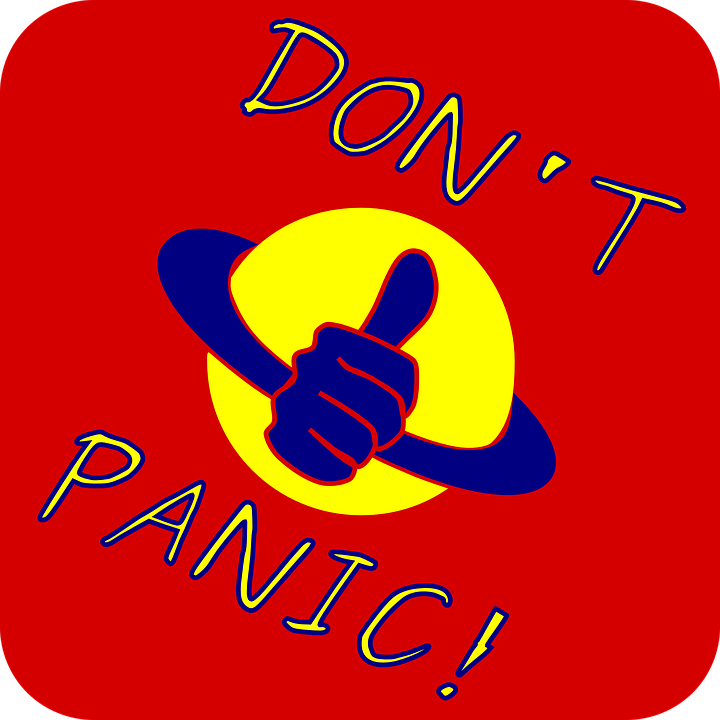 Thumbs up symbol with 'Don't Panic' text.