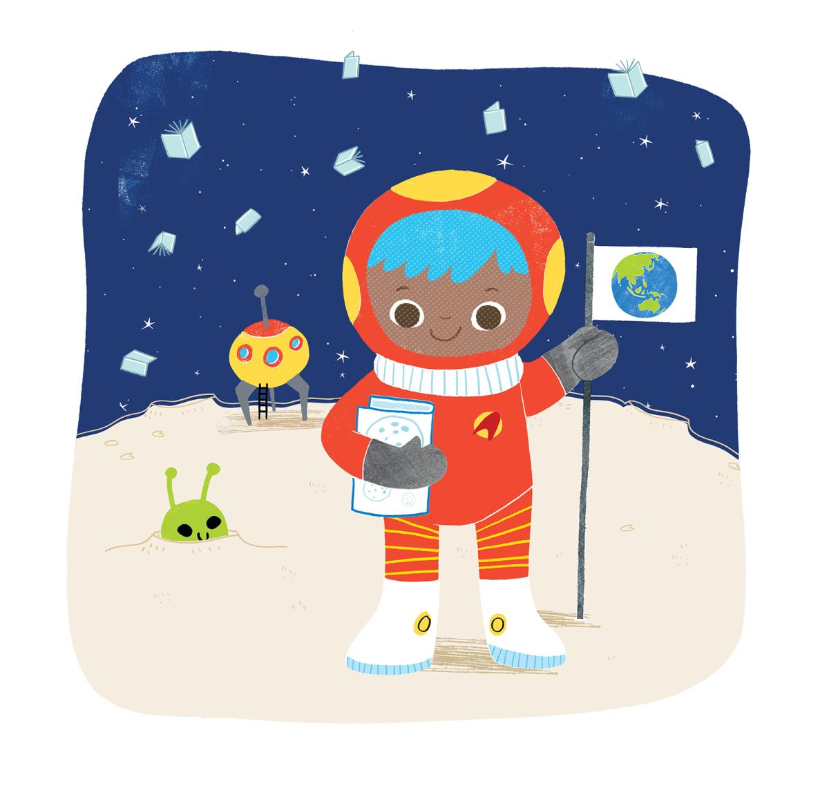 Picture book style illustration of a child in spacesuit standing on moon with flag