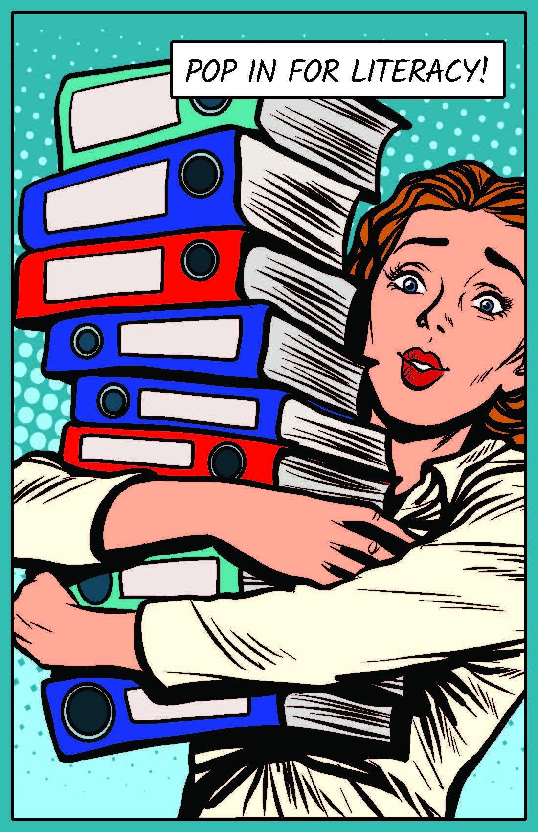 Pop in for literacy illustration pop art style woman with books