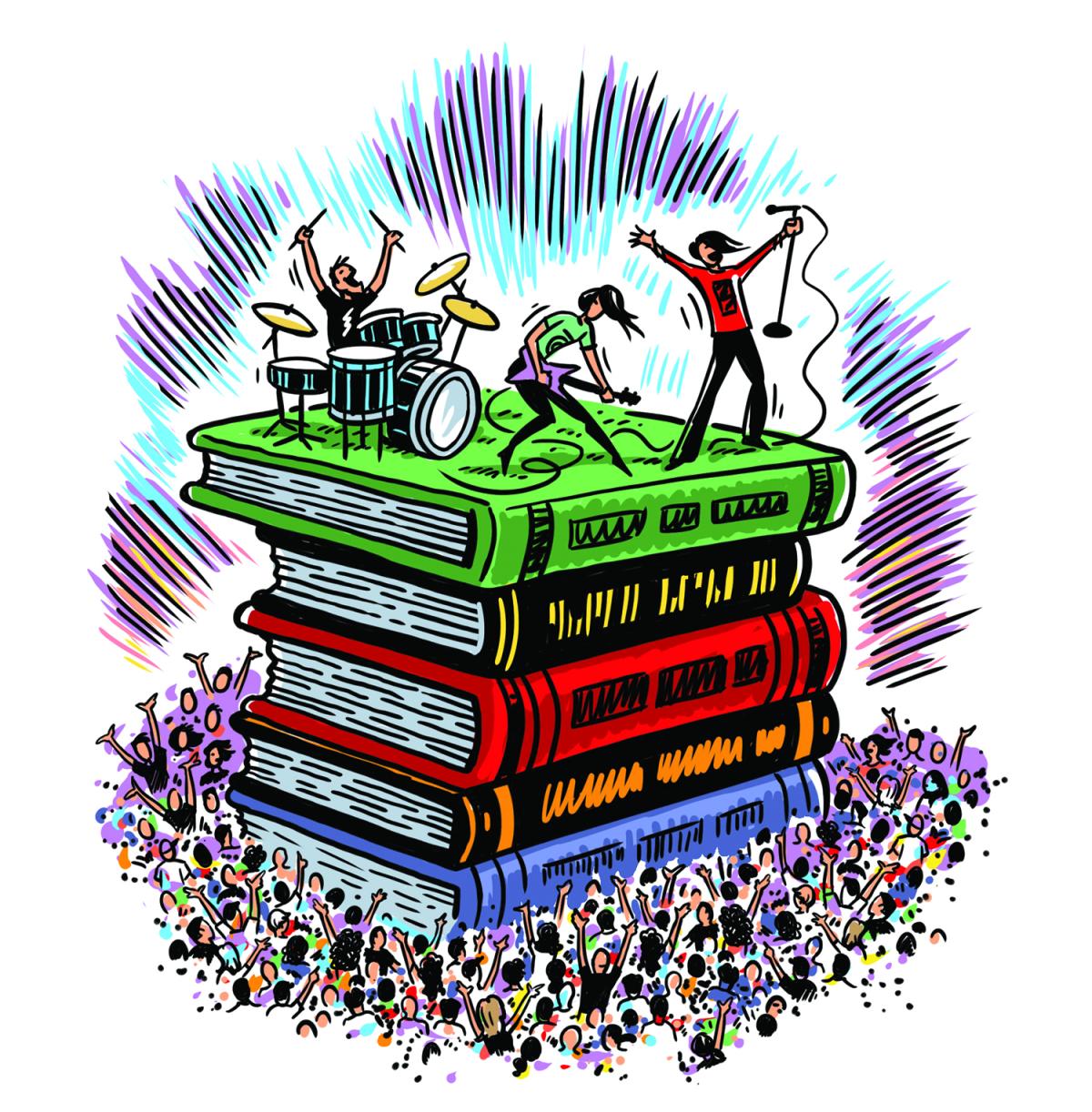 Illustration of rock band playing on top of a giant book stack with cheering crowd. CSLP