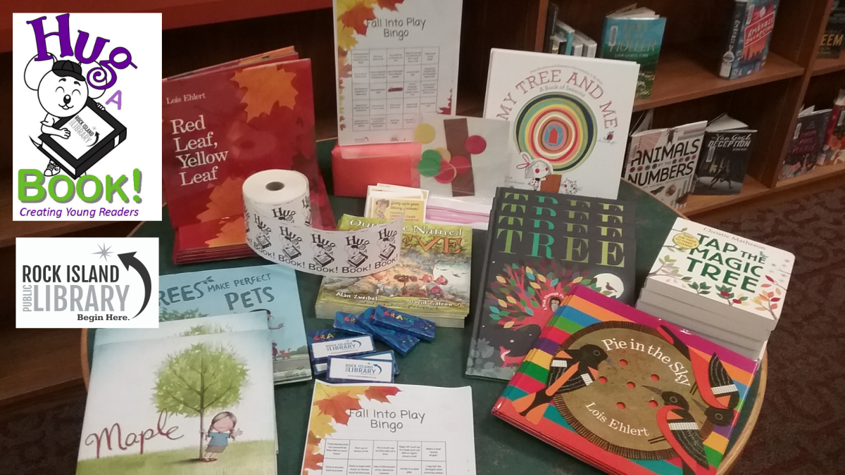 Photo of books available in fall Hug-A-Book kit with library and Hug-a-Book logos superimposed over photo 