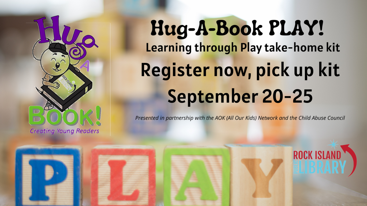 Background of colorful children's blocks with Hug-a-Book logo and title