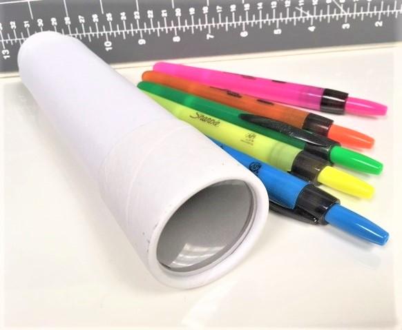 Cardstock extendable monocular and colored markers.