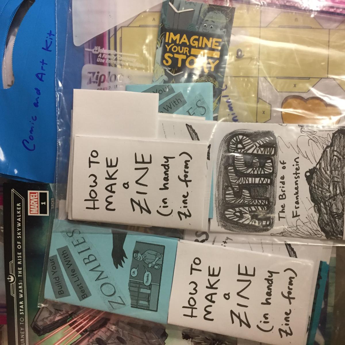 Picture of July Teen Kits in plastic bags with zine and comic supplies.