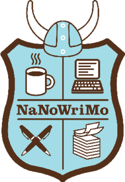 logo for National Novel Writing Month shield with horns at top, coffee, typewriter, pen and manuscript icons in four quandrants