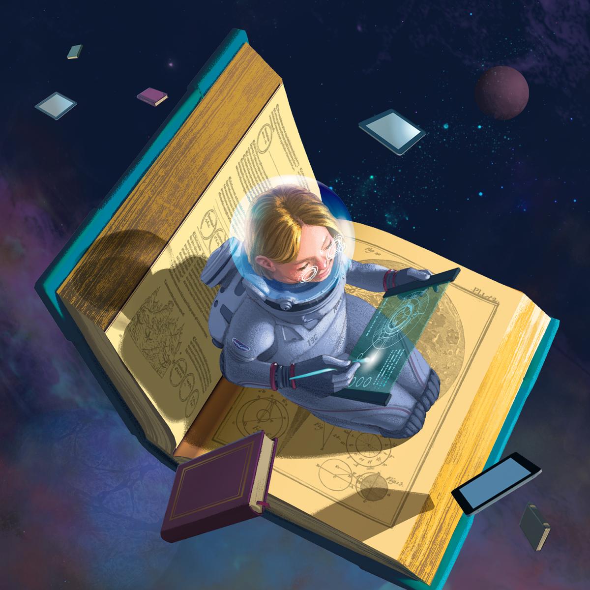 Teen in space sitting on book looking at a screen drawing