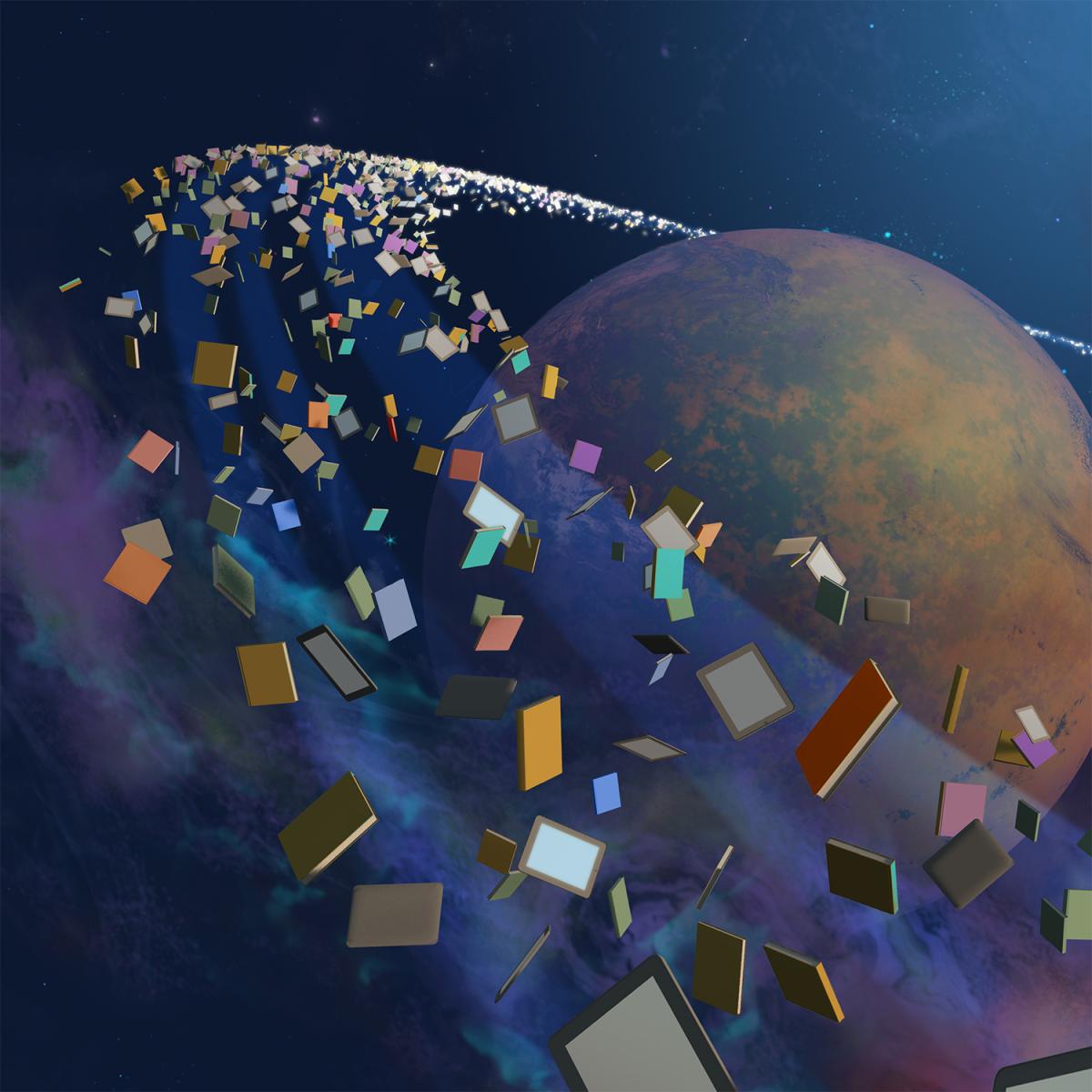 Illustration of planet with swirling books circling it. 