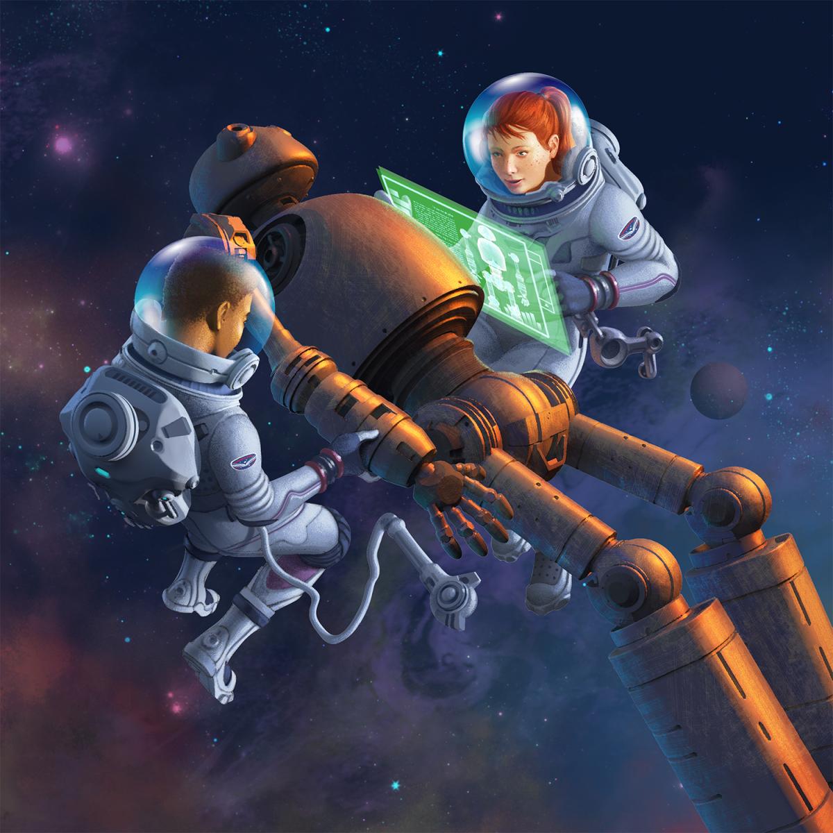 Teens in space working on a robot 