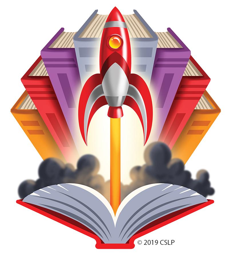 Universe of Stories illustration of rocket flying out of book