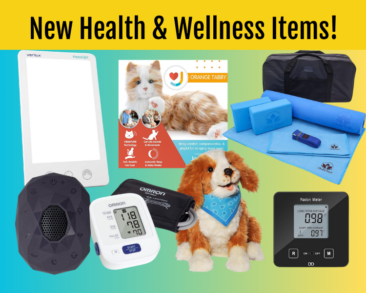 New Health and Wellness Items-images of new items happy light, pet substitutes, yoga mat, meditation, blood pressure monitor, radon detector